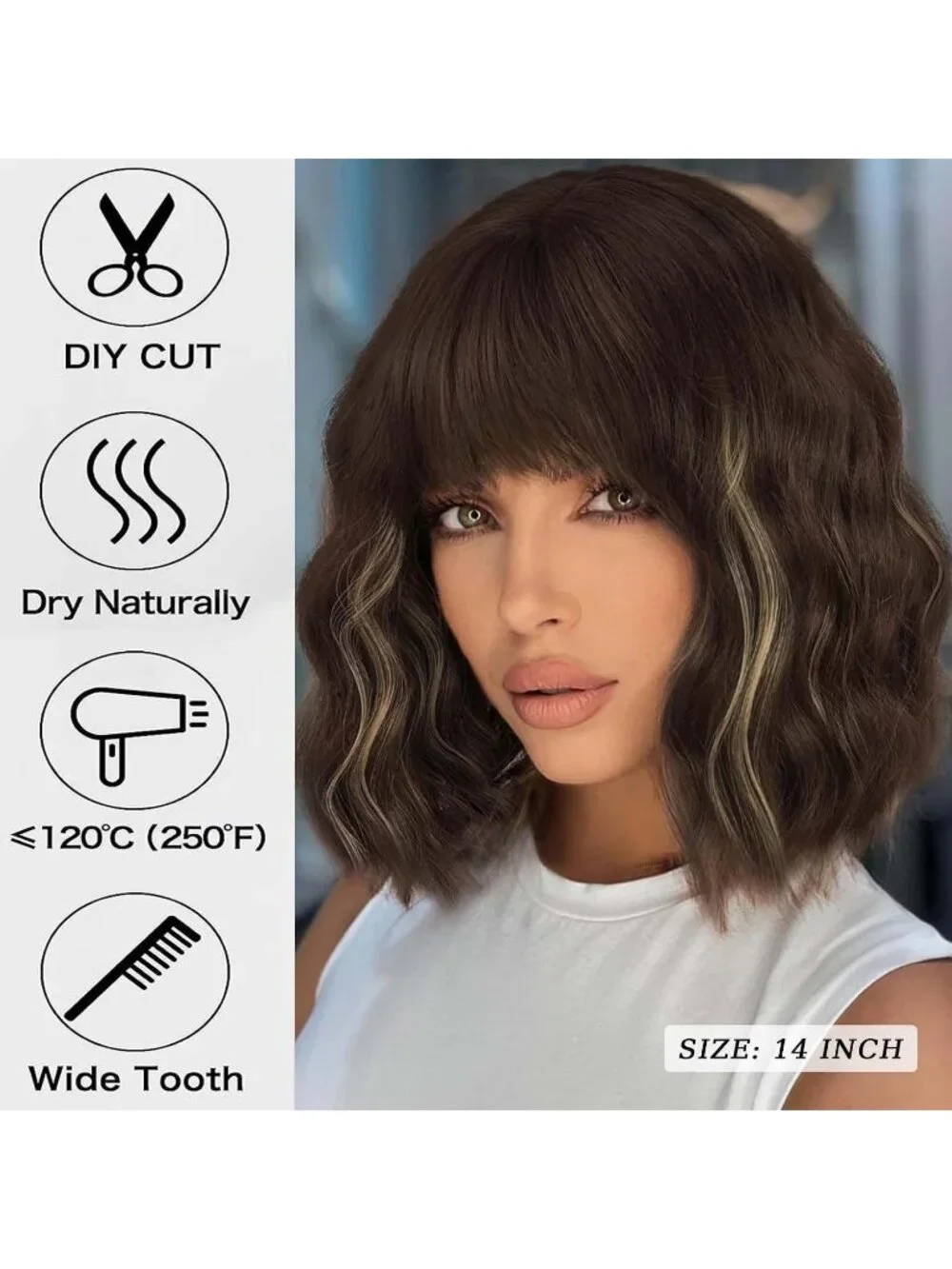 Women Brown Mixed Blonde 14 Inch Heat Resistant Short Bangs Bob Modern Wavy Wigs